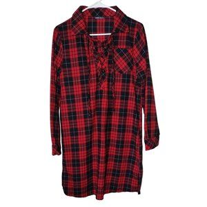 Shein Nightshirt Women's Medium Long Sleeve Plaid Lace Up Front